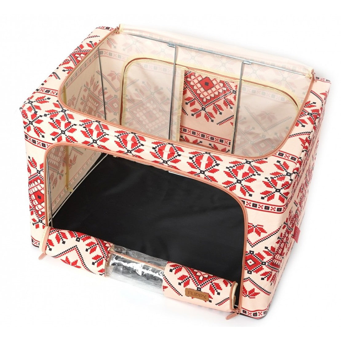 Cutie De Depozitare Pliabila,100 L Din Bumbac Si In, Fereastra Frontala, 2 Usi De Acces Cu Fermoar Bidirectional, Cadru Metalic, Suport Baza Stabil Din Plastic, Motiv Traditional - vivimall.ro