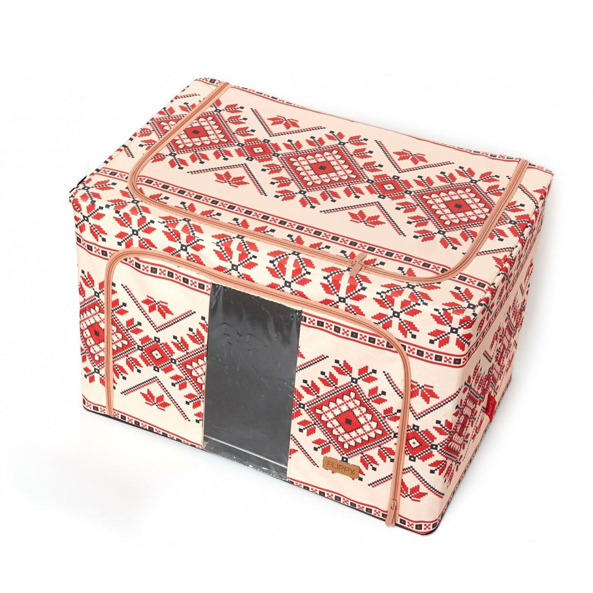 Cutie De Depozitare Pliabila,100 L Din Bumbac Si In, Fereastra Frontala, 2 Usi De Acces Cu Fermoar Bidirectional, Cadru Metalic, Suport Baza Stabil Din Plastic, Motiv Traditional - vivimall.ro