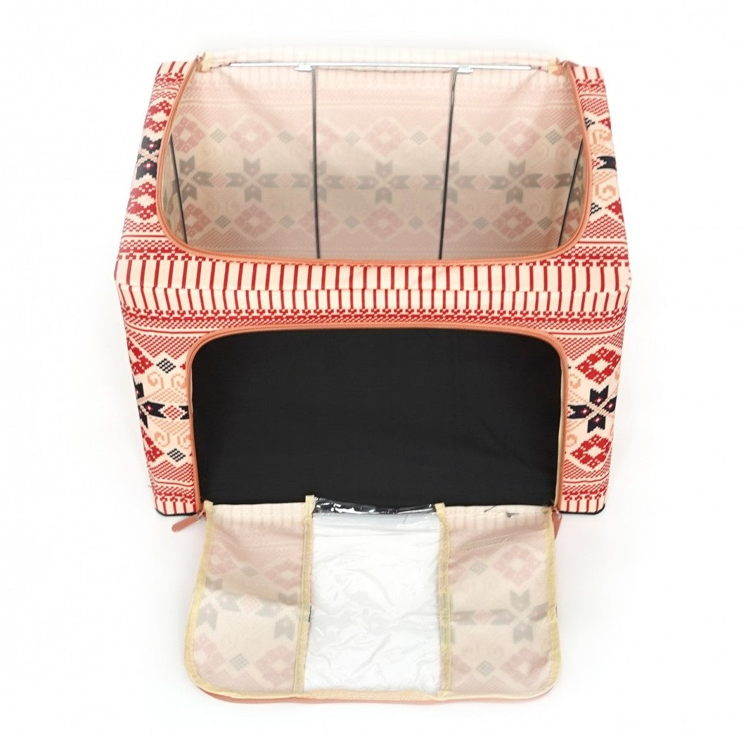 Cutie De Depozitare Pliabila,100 L Din Bumbac Si In, Fereastra Frontala, 2 Usi De Acces Cu Fermoar Bidirectional, Cadru Metalic, Suport Baza Stabil Din Plastic, Motiv Traditional - vivimall.ro