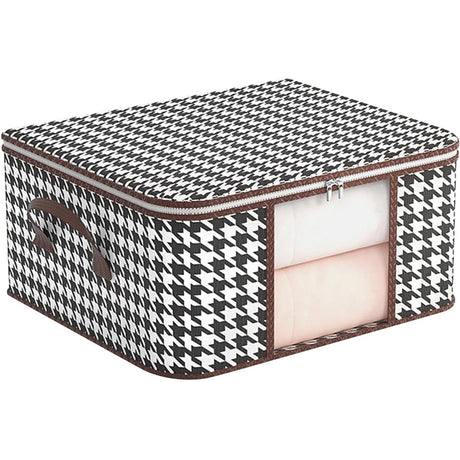Cutie de Depozitare Pliabila,  55x35x25 cm, 50 L, Fereastra Frontala, cu Fermoar Bidirectional, Suport Baza Stabil, Imprimeu in Carouri, Alb/Negru - vivimall.ro