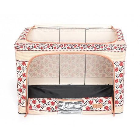 Cutie de Depozitare Pliabila, Vivimall, 66 L din Bumbac si In, 52 x 42 x 39 cm, Fereastra Frontala, 2 Usi de Acces cu Fermoar Bidirectional, Cadru Metalic, Suport Baza Stabil din Plastic, Motiv Traditional Model 7 - vivimall.ro