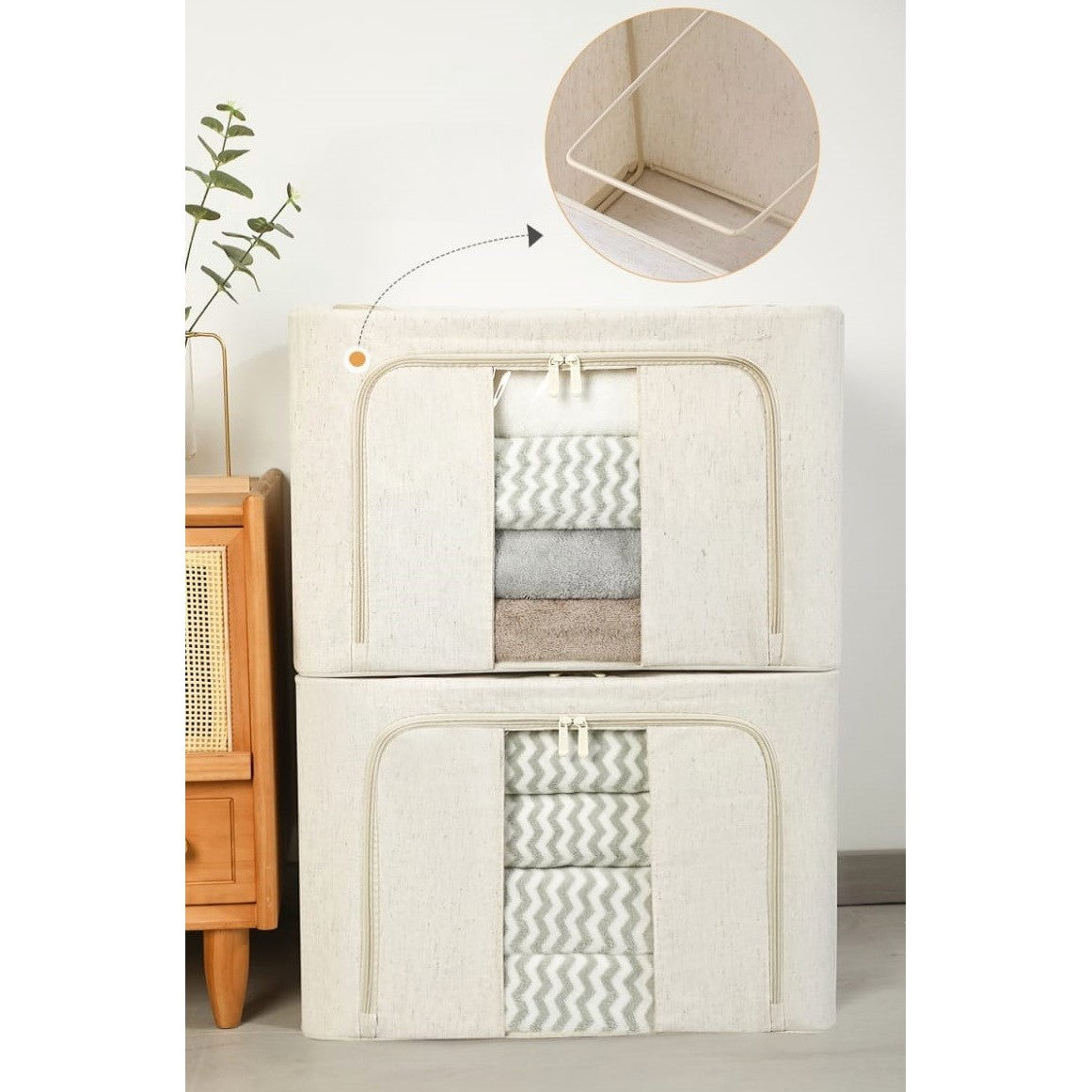 Cutie de Depozitare Pliabila, Vivimall, Cu Fereastra si Fermoar Dublu, 66 L, Textil Premium, 50x40x33 cm, Cadru Metalic, Impermeabila, Alb Texturat - vivimall.ro