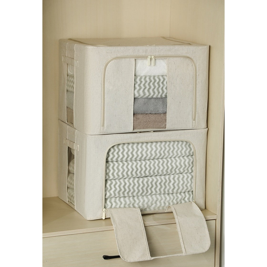 Cutie de Depozitare Pliabila, Vivimall, Cu Fereastra si Fermoar Dublu, 66 L, Textil Premium, 50x40x33 cm, Cadru Metalic, Impermeabila, Alb Texturat - vivimall.ro