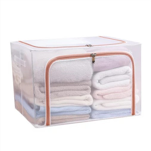 Cutie de Depozitare Pliabila, Vivimall, Cu Fereastra si Fermoar Dublu Rosu, 66 L, Textil, 50x40x33 cm, Cadru Metalic, Impermeabila, Transparent - vivimall.ro