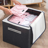 Cutie de Depozitare Pliabila, Vivimall, Cu Fermoar, 100 L, Textil, 60x42x40 cm, Albastru Marin, Cadru Metalic, Suport Baza Stabil din Plastic, Imprimeu buline - vivimall.ro