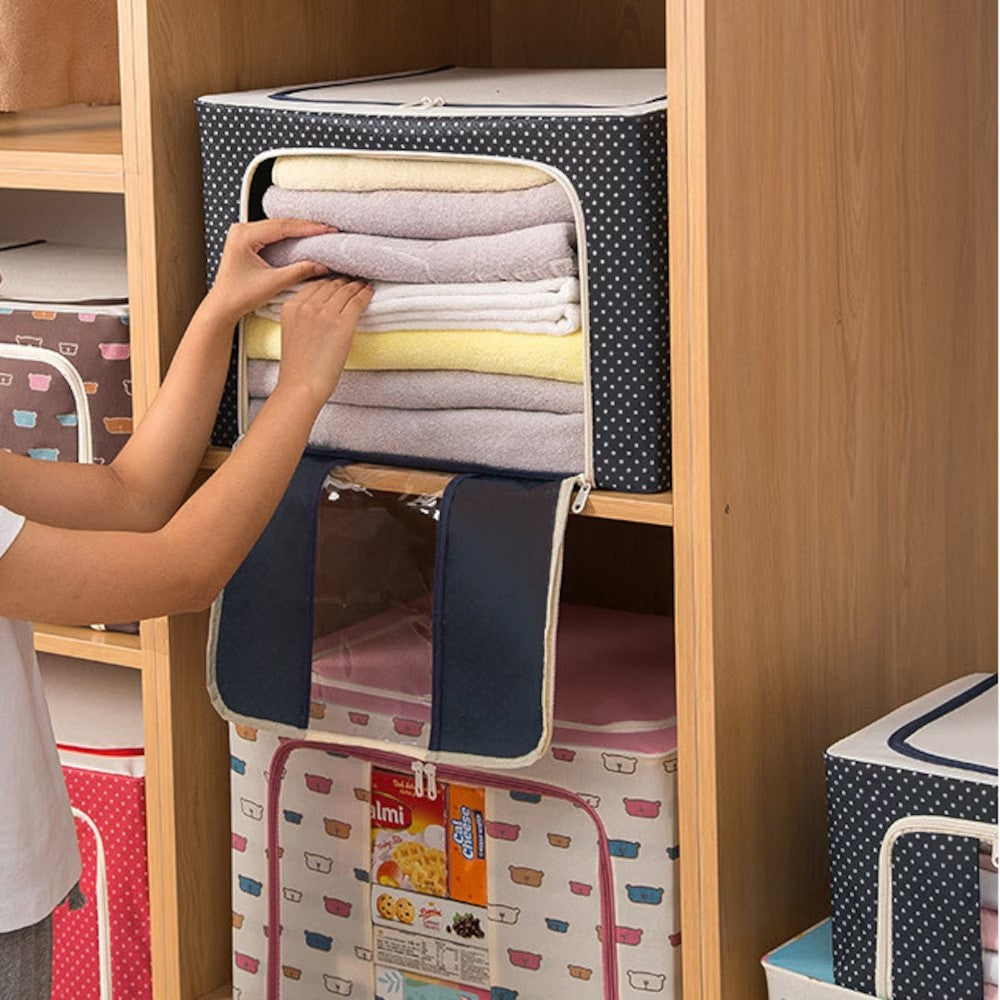 Cutie de Depozitare Pliabila, Vivimall, Cu Fermoar, 100 L, Textil, 60x42x40 cm, Albastru Marin, Cadru Metalic, Suport Baza Stabil din Plastic, Imprimeu buline - vivimall.ro