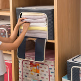 Cutie de Depozitare Pliabila, Vivimall, Cu Fermoar, 100 L, Textil, 60x42x40 cm, Albastru Marin, Cadru Metalic, Suport Baza Stabil din Plastic, Imprimeu buline - vivimall.ro