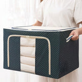 Cutie de Depozitare Pliabila, Vivimall, Cu Fermoar, 100 L, Textil, 60x42x40 cm, Albastru Marin, Cadru Metalic, Suport Baza Stabil din Plastic, Imprimeu buline - vivimall.ro