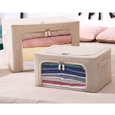 Cutie de depozitare pliabila, Vivimall, Cu fermoar, 100 L, Textil, 60x42x40 cm, Cadru Metalic, Suport Baza Stabil din Plastic, Crem cu Doua Ferestre - vivimall.ro