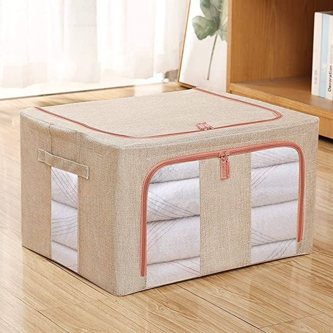 Cutie de depozitare pliabila, Vivimall, Cu fermoar, 100 L, Textil, 60x42x40 cm, Cadru Metalic, Suport Baza Stabil din Plastic, Crem cu Doua Ferestre - vivimall.ro