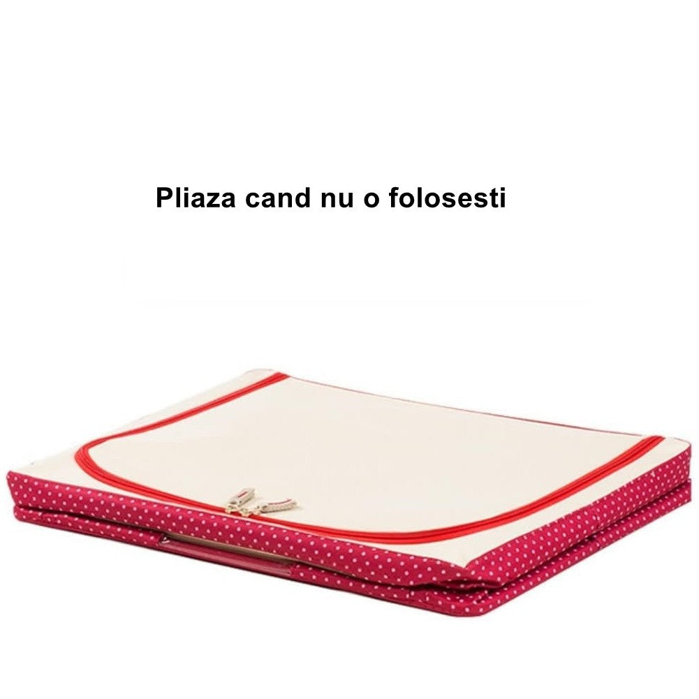 Cutie de Depozitare Pliabila, Vivimall, cu Fermoar, 100 L, Textil, 60x42x40 cm, O Fereastra, Cadru Metalic, Suport Baza Stabil din Plastic, imprimeu punctat, Rosu, Resigilat - vivimall.ro