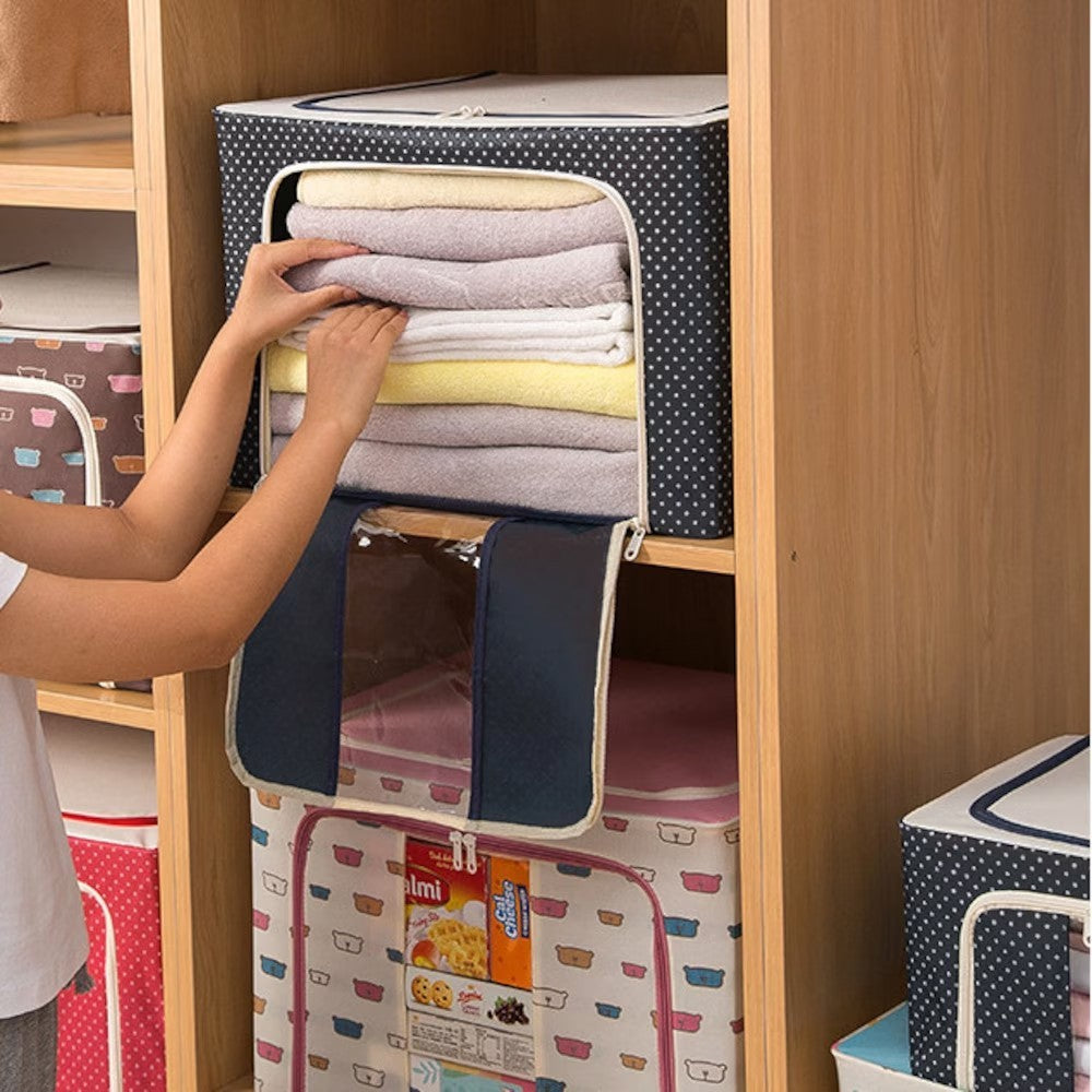 Cutie de Depozitare Pliabila, Vivimall, Cu Fermoar, 66 L, Textil, 50 x 40 x 33 cm, Cadru Metalic, Suport Baza Stabil din Plastic, Imprimeu Buline, Albastru Marin - vivimall.ro