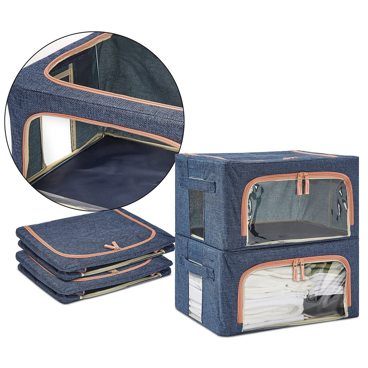 Cutie de depozitare pliabila, Vivimall, Cu fermoar, 66 L, Textil, 50x40x33 cm, Albastru Marin, Cadru Metalic, Suport Baza Stabil din Plastic, Cu doua ferestre - vivimall.ro