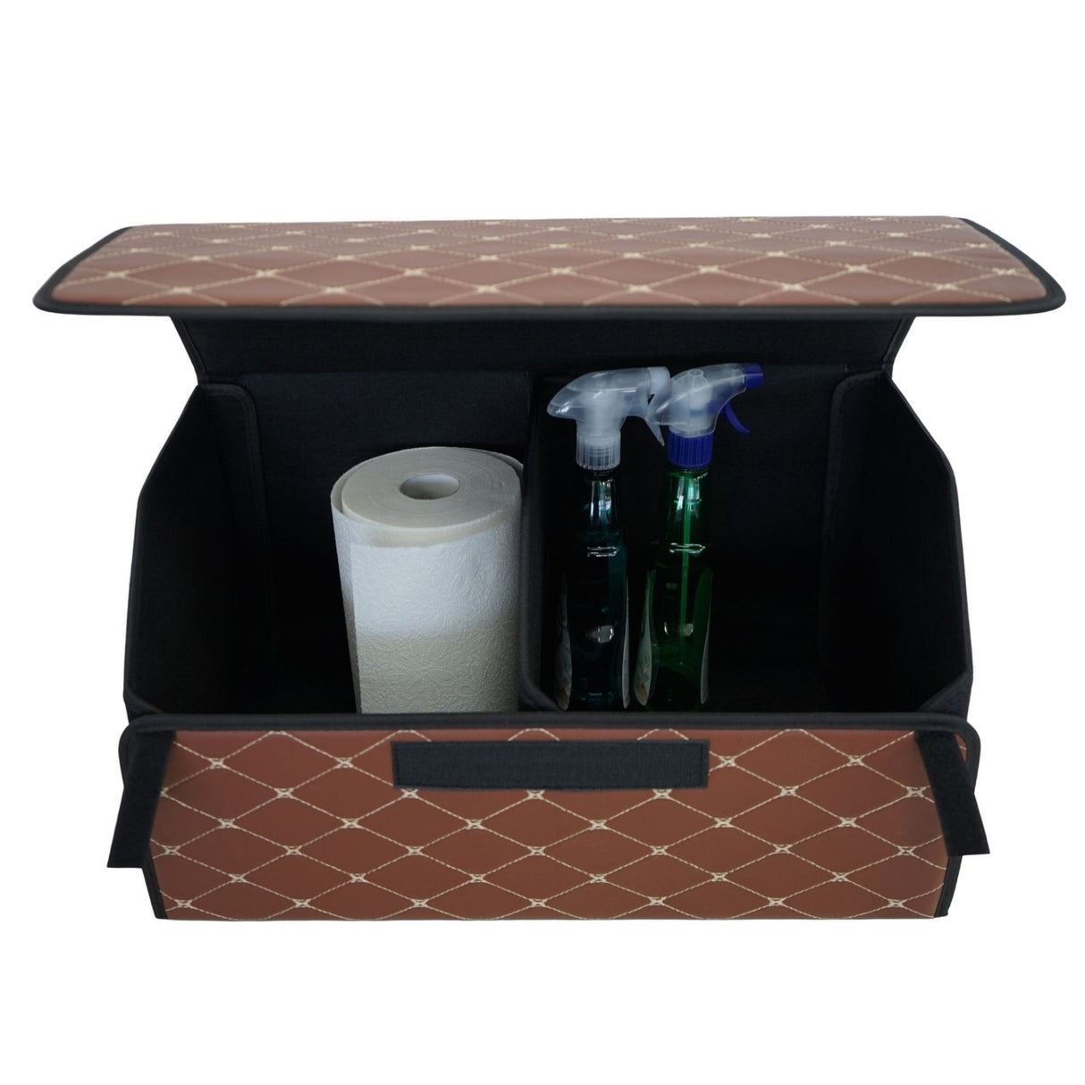 Cutie de Depozitare Auto, Flippy, Organizator Premium Portbagaj, Geanta Multifunctionala  din Piele Ecologica, 2 Compartimente Depozitare, Pliabil, Rezistent la Uzura, Maro Inchis, 55 x 30 x 30cm - vivimall.ro