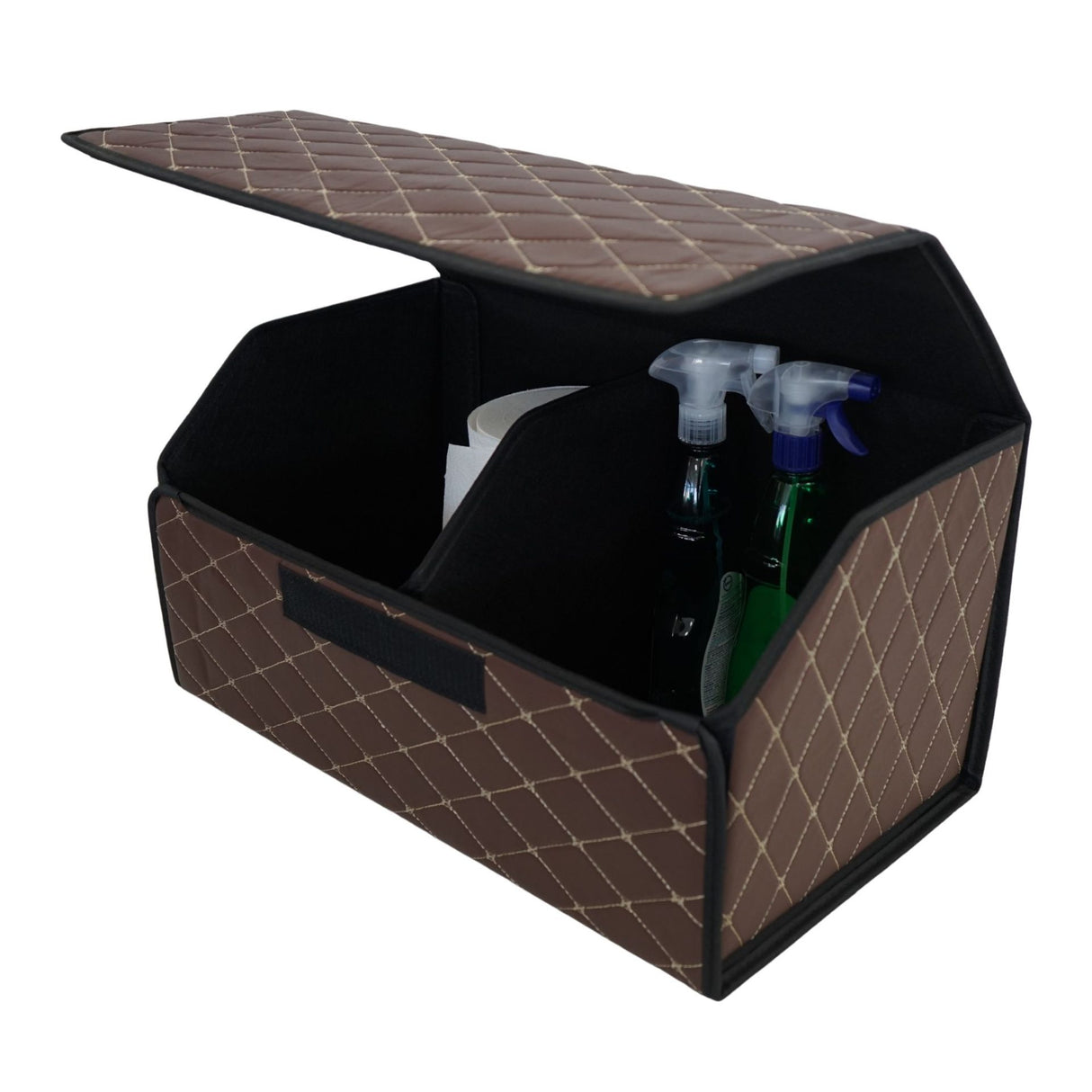 Cutie de Depozitare Auto, Flippy, Organizator Premium Portbagaj, Geanta Multifunctionala  din Piele Ecologica, Rezistent la Uzura si Pliabil, 2 Compartimente Depozitare, Maro Havana, 55 x 30 x 30cm - vivimall.ro