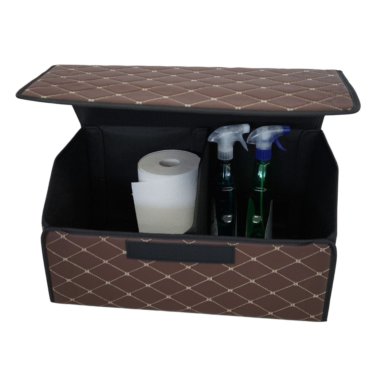 Cutie de Depozitare Auto, Flippy, Organizator Premium Portbagaj, Geanta Multifunctionala  din Piele Ecologica, Rezistent la Uzura si Pliabil, 2 Compartimente Depozitare, Maro Havana, 55 x 30 x 30cm - vivimall.ro
