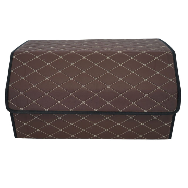 Cutie de Depozitare Auto, Flippy, Organizator Premium Portbagaj, Geanta Multifunctionala  din Piele Ecologica, Rezistent la Uzura si Pliabil, 2 Compartimente Depozitare, Maro Havana, 55 x 30 x 30cm - vivimall.ro