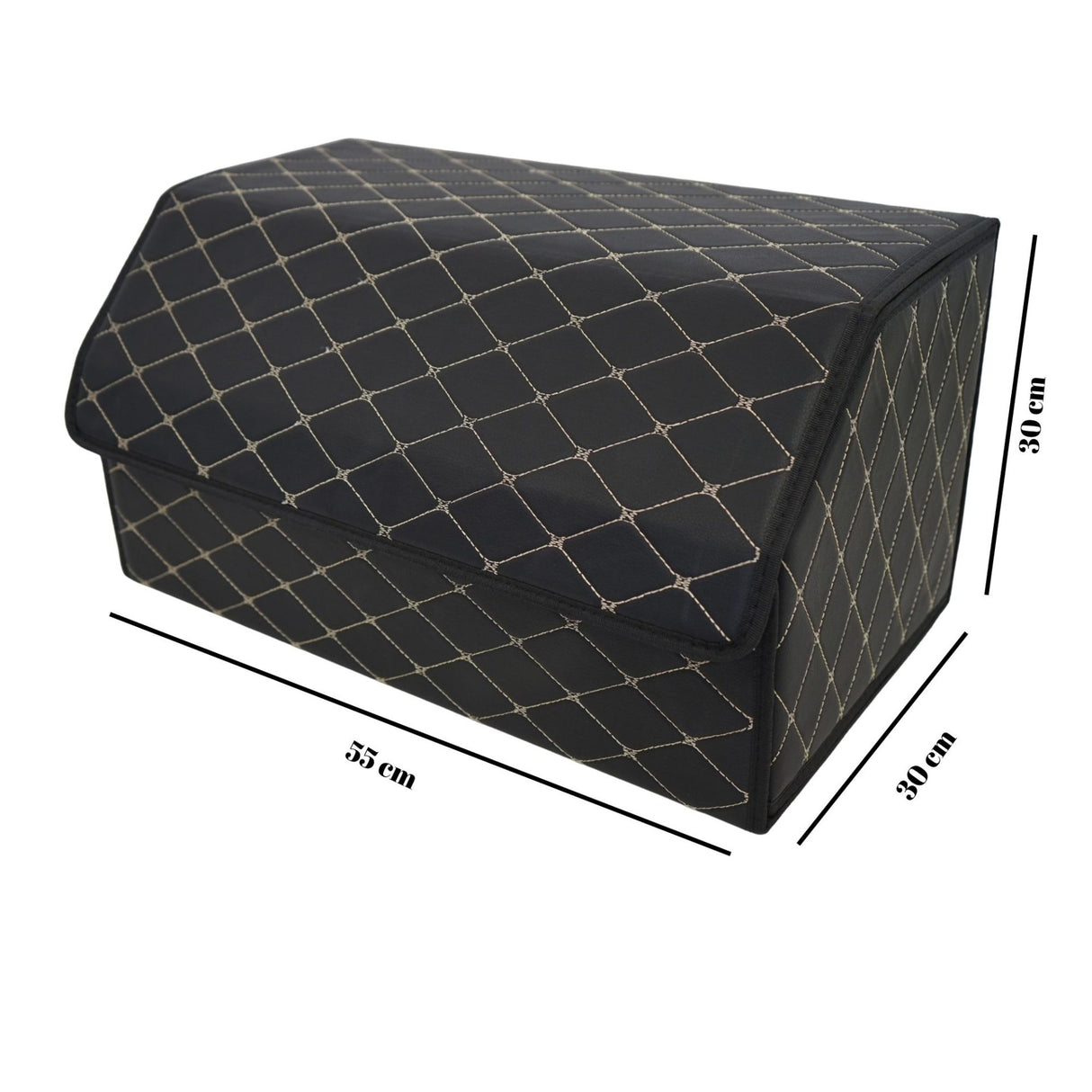 Cutie de Depozitare Auto, Flippy, Organizator Premium Portbagaj, Geanta Multifunctionala, Piele Ecologica, Pliabil  si Rezistent la Uzura, 2 Compartimente Depozitare, Pliabil  si Rezistent la Uzura, Negru/Alb, 55 x 30 x 30cm - vivimall.ro