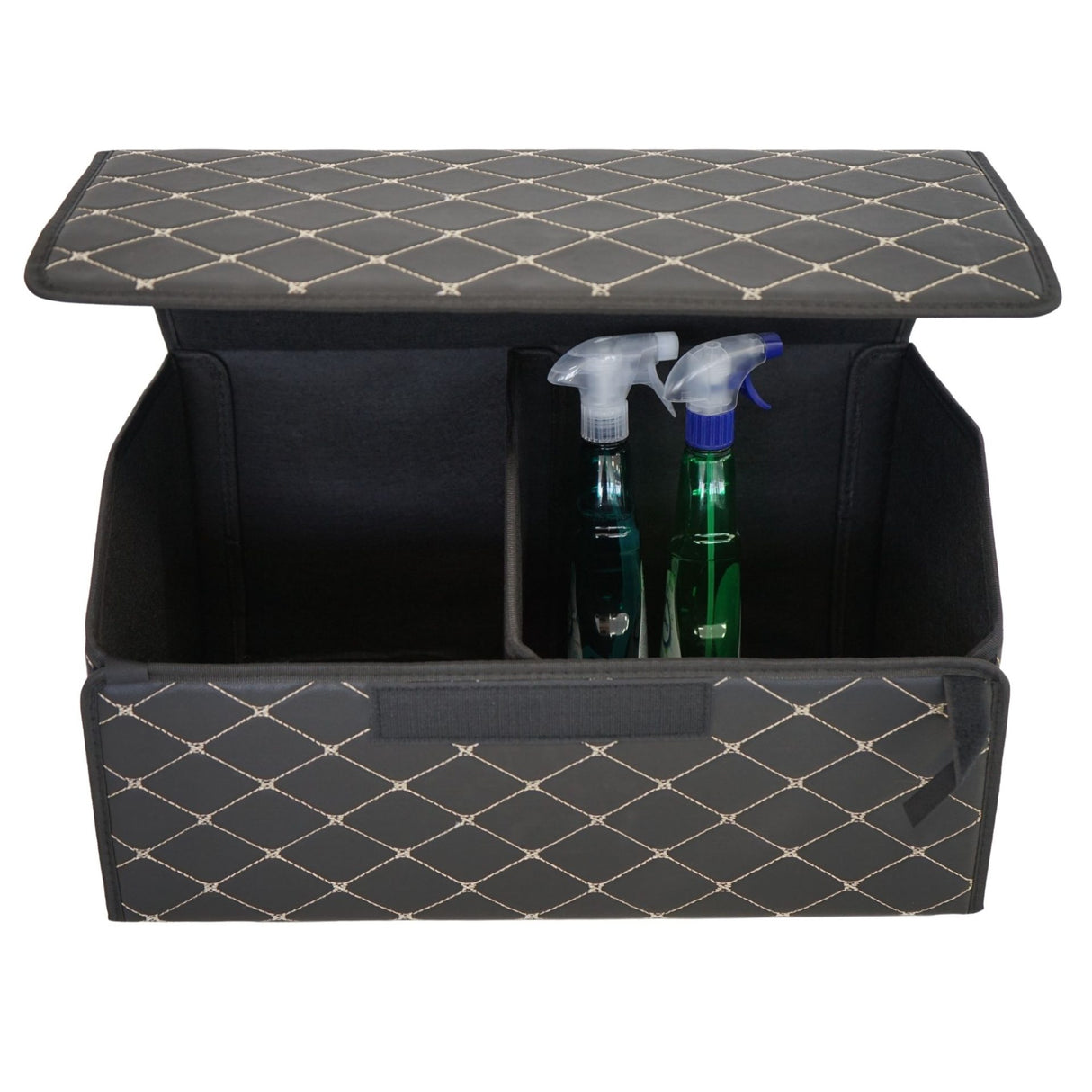 Cutie de Depozitare Auto, Flippy, Organizator Premium Portbagaj, Geanta Multifunctionala, Piele Ecologica, Pliabil  si Rezistent la Uzura, 2 Compartimente Depozitare, Pliabil  si Rezistent la Uzura, Negru/Alb, 55 x 30 x 30cm - vivimall.ro