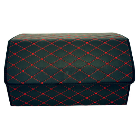 Cutie de Depozitare Auto, Flippy, Organizator Premium Portbagaj, Geanta Multifunctionala, Piele Ecologica, 2 Compartimente Depozitare, Pliabil  si Rezistent la Uzura, Negru/Rosu, 55 x 30 x 30cm - vivimall.ro