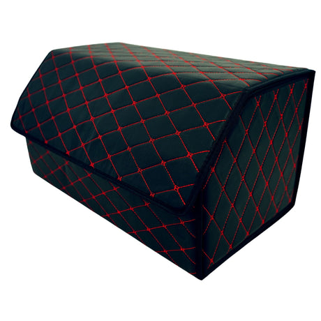 Cutie de Depozitare Auto, Flippy, Organizator Premium Portbagaj, Geanta Multifunctionala, Piele Ecologica, 2 Compartimente Depozitare, Pliabil  si Rezistent la Uzura, Negru/Rosu, 55 x 30 x 30cm - vivimall.ro