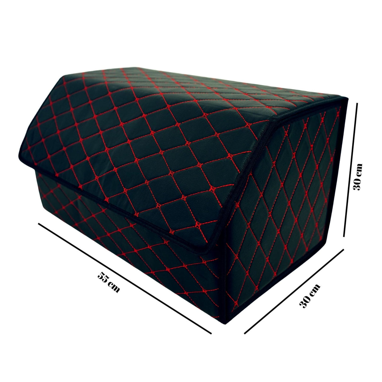 Cutie de Depozitare Auto, Flippy, Organizator Premium Portbagaj, Geanta Multifunctionala, Piele Ecologica, 2 Compartimente Depozitare, Pliabil  si Rezistent la Uzura, Negru/Rosu, 55 x 30 x 30cm - vivimall.ro