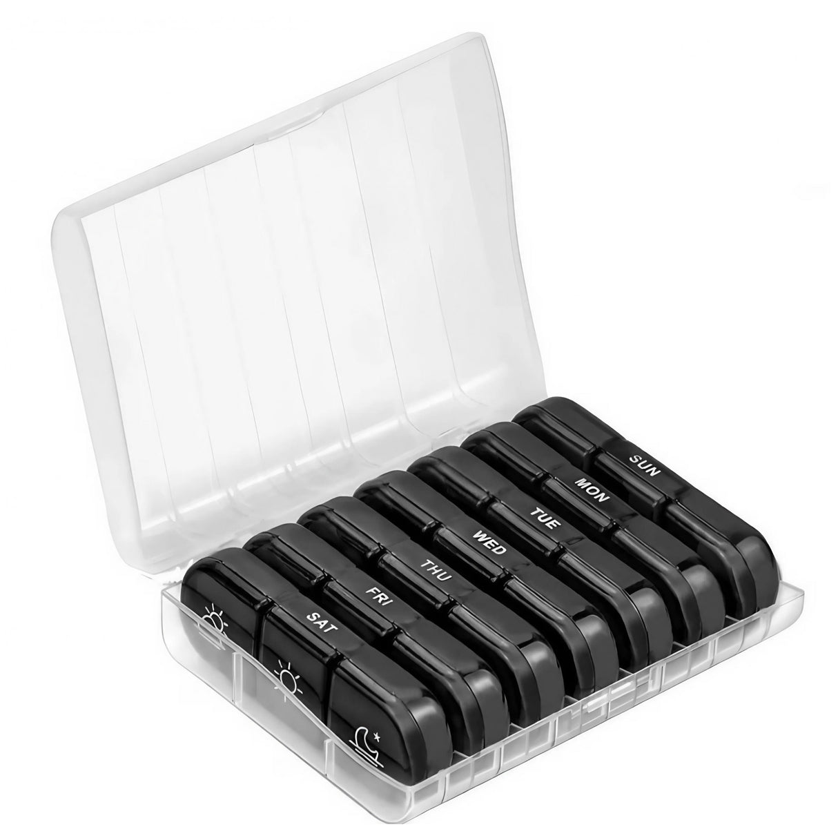 Cutie Depozitare Medicamente, Vivimall, 7 Zile, 21 Compartimente, Cutie Suport, Recipiente Detasabile, Portabila, Compartimente Negre, Cutie Transparenta, 15.6x12 cm - vivimall.ro