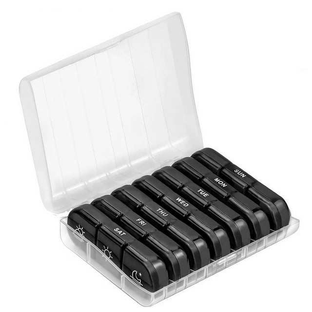 Cutie Depozitare Medicamente, Vivimall, 7 Zile, 21 Compartimente, Cutie Suport, Recipiente Detasabile, Portabila, Compartimente Negre, Cutie Transparenta, 15.6x12 cm - vivimall.ro