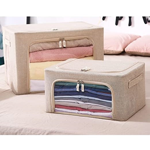 Cutie de depozitare pliabila, Vivimall, Cu fermoar, 66 L, Textil, 50x40x33 cm, Cadru Metalic, Suport Baza Stabil din Plastic, Crem - vivimall.ro