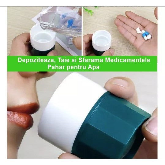 Cutie Pastile Multifunctionala, 4 In 1, Pahar Apa, Taiere, Sfaramare, Depozitare, Compact, Abs Cu Lama Din Inox, Alb/,