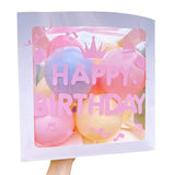 Cutie pentru Baloane, Vivimall, Tematica Aniversare, Model Scris Happy Birthday, Baloane Albastre, Roz, Galbene si Panglica Incluse, Contur Alb, Transparenta, 30x30 cm - vivimall.ro