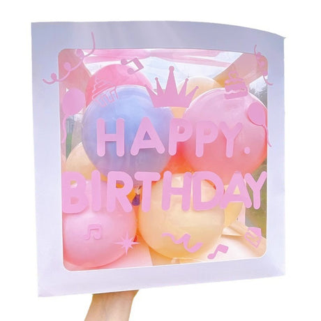 Cutie pentru Baloane, Vivimall, Tematica Aniversare, Model Scris Happy Birthday, Baloane Albastre, Roz, Galbene si Panglica Incluse, Contur Alb, Transparenta, 30x30 cm - vivimall.ro