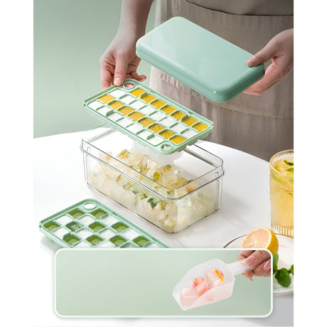 Set Cutie Pentru Gheata, Uz Casnic, Doua Tavite Pentru Cuburi, Capac Etans, Lopata, 23.5X13.3X10 Cm, Verde - vivimall.ro