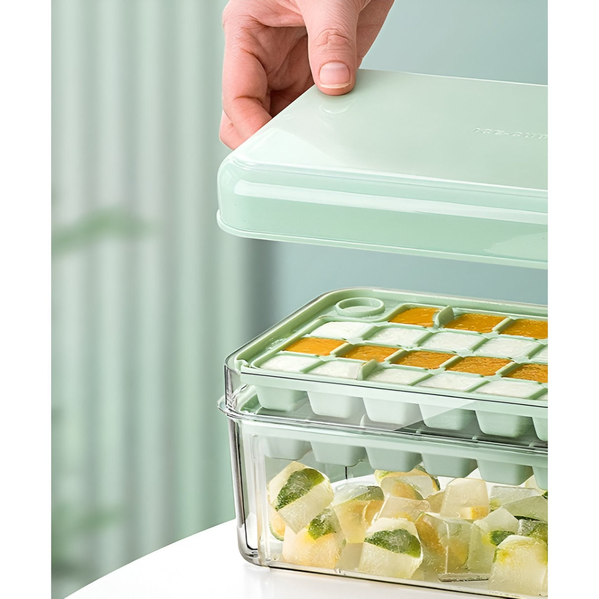 Set Cutie pentru Gheata, Vivimall, Uz Casnic, Doua Tavite pentru Cuburi, Capac Etans, Lopata, 23.5x13.3x10 cm, Verde - vivimall.ro