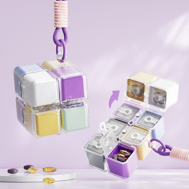 Cutie pentru Medicamente, Flippy, Model Rubik' Cube, cu Curea de Agatare, Dozator Portabil de Medicamente, Dispenser Pastile, estimat pentru 7 zile, 7.3 x 6 x 6 cm, Multicolor - vivimall.ro