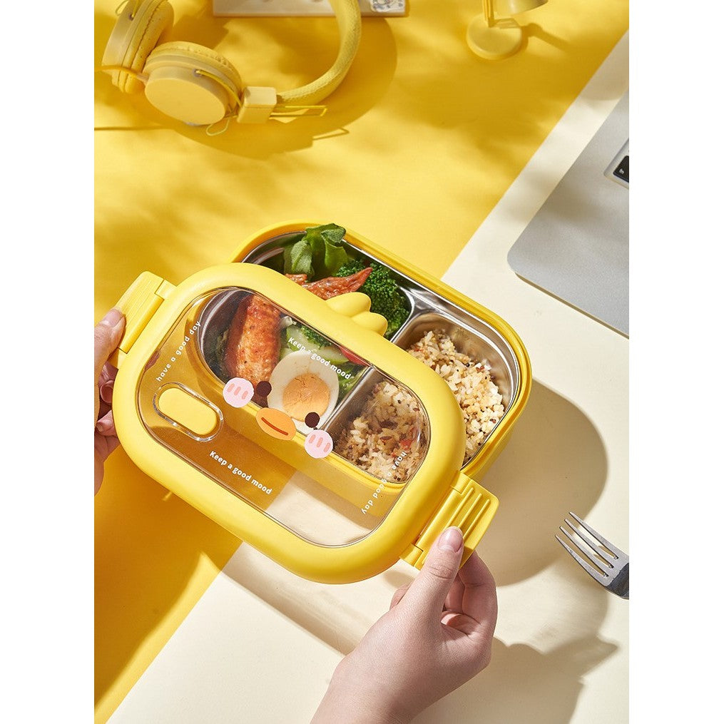 Cutie Pentru Pranz Sau Gustari, Cu Doua Compartimente, Model Ratusca, Pentru Copii Si Adulti, Etansare, Pp, Perfect Pentru Scoala Si Birou, 1000 Ml, 22.5X14.5X8 Cm, Galben - vivimall.ro