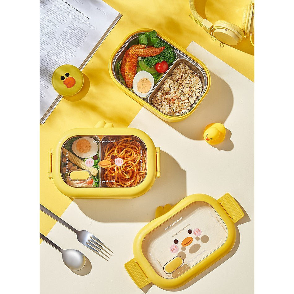 Cutie Pentru Pranz Sau Gustari, Cu Doua Compartimente, Model Ratusca, Pentru Copii Si Adulti, Etansare, Pp, Perfect Pentru Scoala Si Birou, 1000 Ml, 22.5X14.5X8 Cm, Galben - vivimall.ro