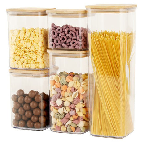 Cutii De Depozitare Alimente, Set Din 5 Cutii De Tip Container, Cutii Pentru Cereale, Din Plastic, Capac Din Bambuc, 1Pc 0.5 L. 2Pc 0.8 L, 2Pc 1.2 L, 1Pc 1.9 L, Transparente - vivimall.ro