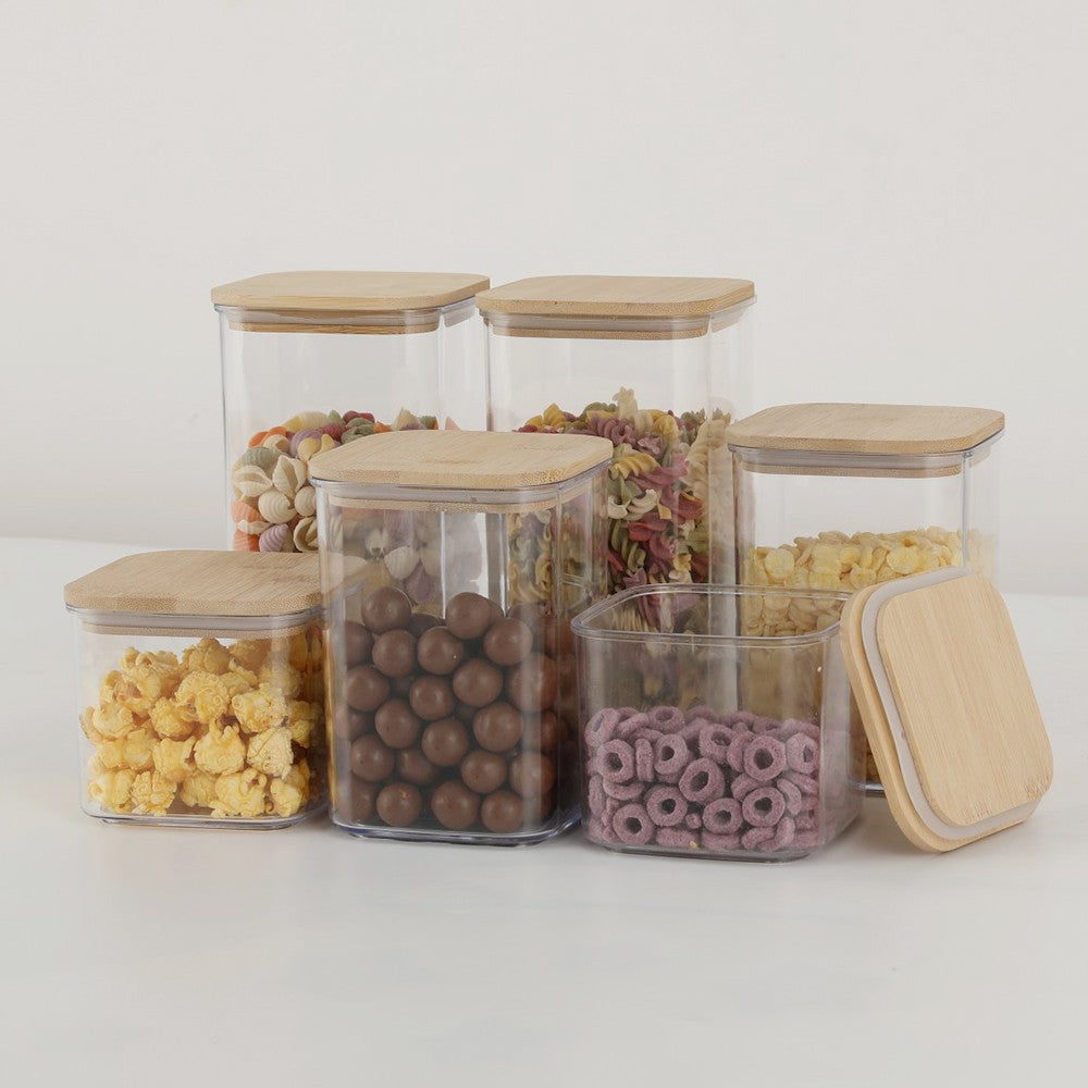 Cutii de Depozitare Alimente, Vivimall, Set din 6 Cutii de tip Container, Cutii pentru Cereale, din Plastic, Capac din Bambuc, 2pc 0.5 l. 2pc 0.8 l, 2pc 1.2 l, Transparente - vivimall.ro