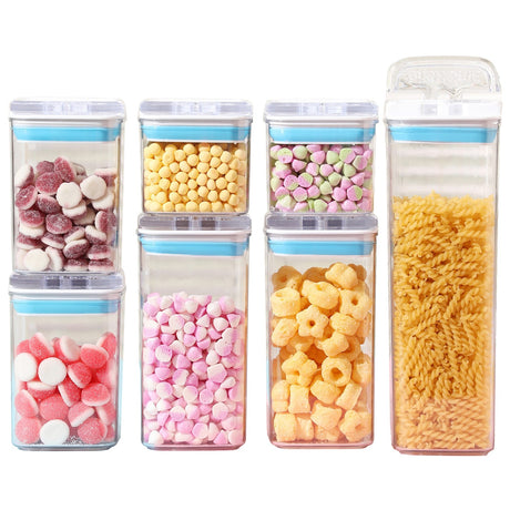 Cutii de Depozitare Alimente, Vivimall, Set din 7 Cutii de tip Container, 2x0.5 l, 2x0.8 l, 2x1.2 l, 1x1.9 l, Recipiente pentru Cereale in Bucatarie,  Transparente cu Capac Albastru-Alb - vivimall.ro