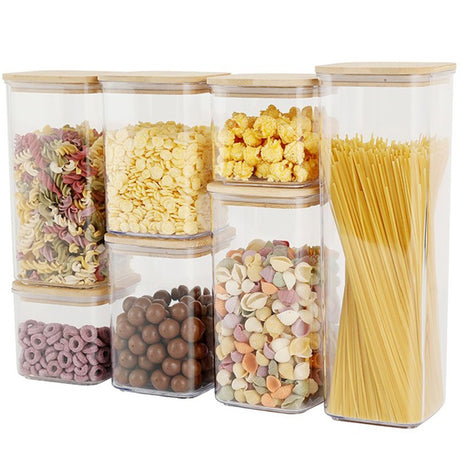 Cutii de Depozitare Alimente, Vivimall, Set din 7 Cutii de tip Container, Cutii pentru Cereale, din Plastic, Capac din Bambuc, 2pc 0.5 l, 2pc 0.8 l, 2pc 1.2 l, 1pc 2.5 l, Transparente - vivimall.ro