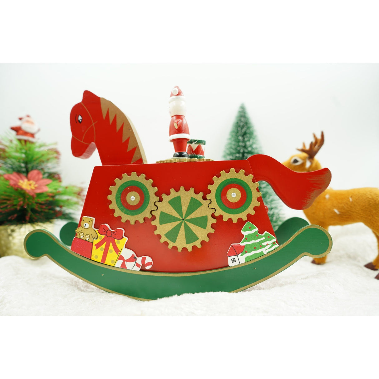 Cutiuta muzicala decorata de Craciun, Ponei, Rosu, din Lemn, 18 cm x 25 cm, Interior, Vivimall - vivimall.ro