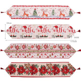 Traversa de Masa pentru Craciun, Vivimall, Napron, din Material Tricotat cu Tesatura Groasa, Model Flori Rosii, cu Colt si Ciucure, 173x34x0.2 cm, Alb/ Rosu - vivimall.ro