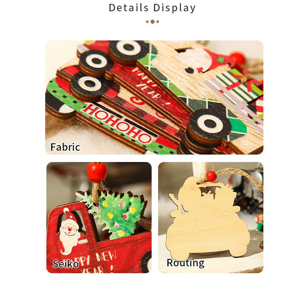 Decoratiune de Craciun din Lemn, Vivimall, cu Snur pentru Agatare in Brad, Model Masina lui Mos Craciun, Scris Merry Christmas, 8x8x0.4 cm, Multicolor - vivimall.ro