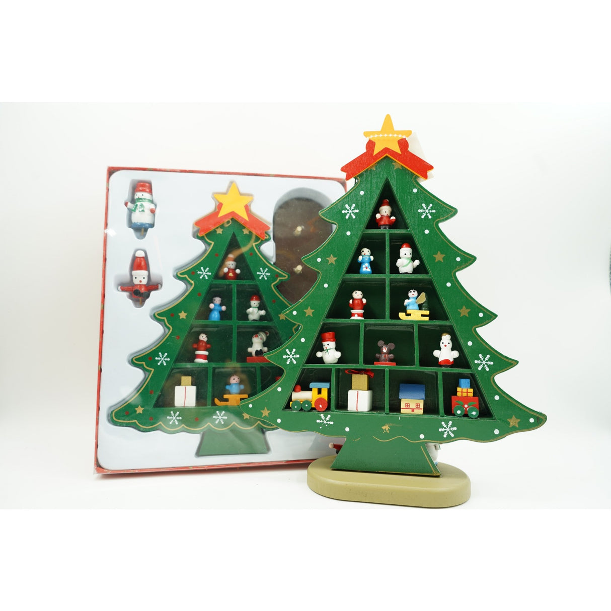 Decoratiune Craciun, Brad, Verde, 5 cavitati cu ornamente, 22 cm x 29 cm, Lemn, Vivimall - vivimall.ro