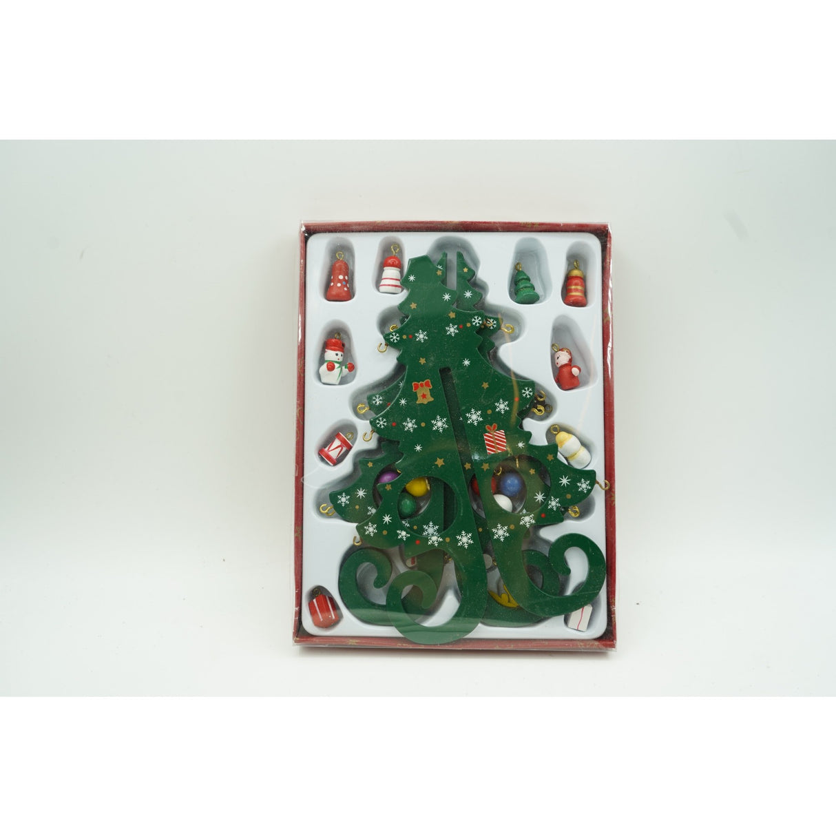Decoratiune Craciun, Brad, Verde, 6 cavitati cu ornamente, 12 cm x 20 cm, Lemn, Vivimall - vivimall.ro