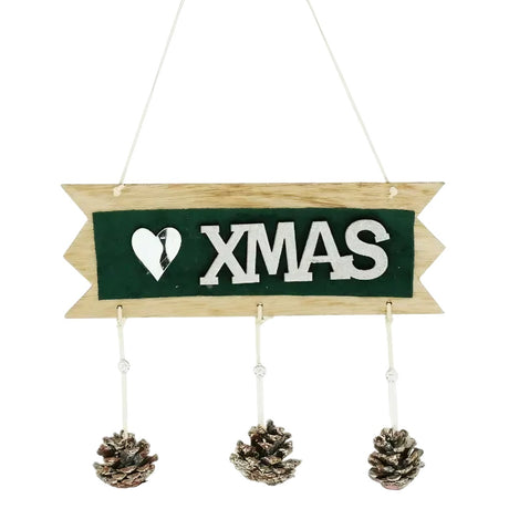 Decoratiune Craciun din Lemn, Vivimall, Model Scris Xmas, Conuri Atarnate, cu Inimioara 25x9 cm, pentru Brad sau Usa, Verde/Argintiu - vivimall.ro