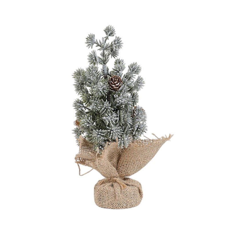 Decoratiune Craciun pentru Masa, Vivimall, Ornament de Decor Model Brad de Craciun de Dimensiuni Mici cu Fulgi Albi, pentru Birou si Interior, din Plastic Calitativ 20 cm, Verde Alb - vivimall.ro