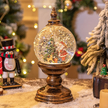 Decoratiune Craciun, Tip Felinar, Glob 12 cm, Figurine Mos Craciun si Brad, 3 Moduri, Functie Muzicala, Zapada in Miscare, Functioneaza Cu Baterii ( 3 x AA neincluse), Cablu USB (Inclus), Model Vintage Negru - Auriu, 12 x 12 x 26.5 cm, Alb Cald - vivimall.ro