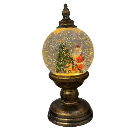 Decoratiune Craciun, Tip Felinar, Glob 12 cm, Figurine Mos Craciun si Brad, 3 Moduri, Functie Muzicala, Zapada in Miscare, Functioneaza Cu Baterii ( 3 x AA neincluse), Cablu USB (Inclus), Model Vintage Negru - Auriu, 12 x 12 x 26.5 cm, Alb Cald - vivimall.ro